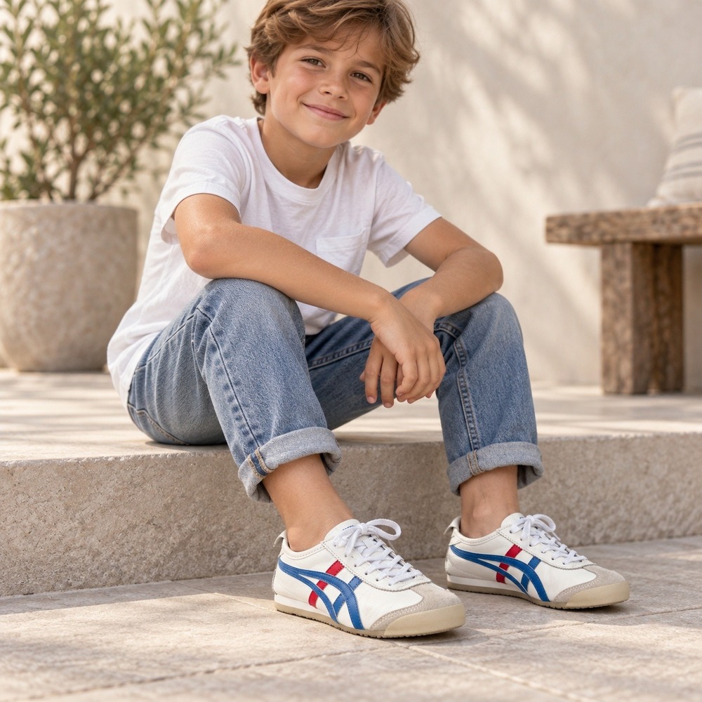 Onitsuka Tiger Mexico 66 Kids Sneakers Size 4 White Blue Red Leather Trainers
